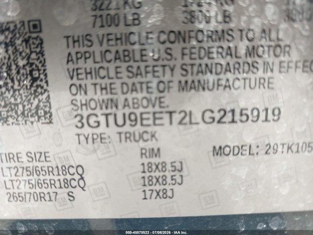 Продажа на аукционе авто 2020 Gmc Sierra 1500 4wd  Short Box At4, vin: 3GTU9EET2LG215919, номер лота: 45570522