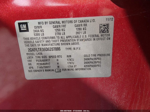 45570546 :رقم المزاد ، 2GKFLTE36D6207886 vin ، 2013 Gmc Terrain Sle-2 مزاد بيع