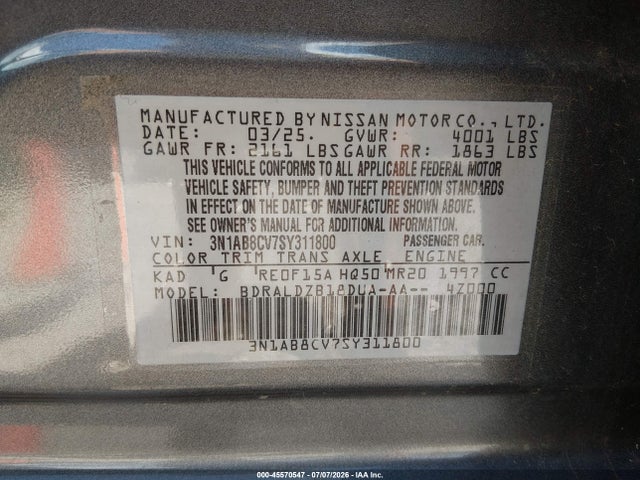45570547 :رقم المزاد ، 3N1AB8CV7SY311800 vin ، 2025 Nissan Sentra Sv مزاد بيع
