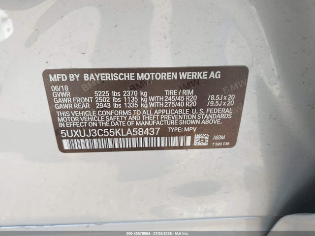 45570554 :رقم المزاد ، 5UXUJ3C55KLA58437 vin ، 2019 Bmw X4 Xdrive30i مزاد بيع