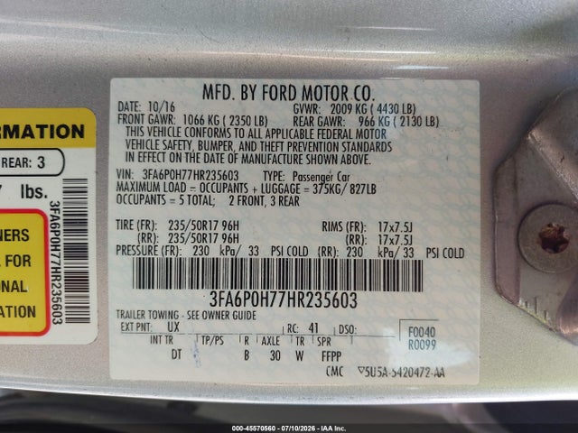 2017 Ford Fusion Se მანქანა იყიდება აუქციონზე, vin: 3FA6P0H77HR235603, აუქციონის ნომერი: 45570560