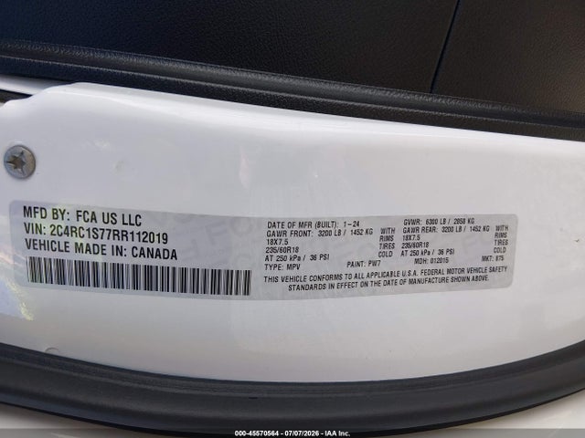 45570564 :رقم المزاد ، 2C4RC1S77RR112019 vin ، 2024 Chrysler Pacifica Hybrid S Appearance Pkg مزاد بيع
