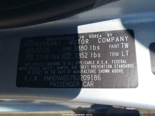 Продаж на аукціоні авто 2006 Hyundai Elantra Gls/limited, vin: KMHDN46D76U209186, номер лоту: 45570569