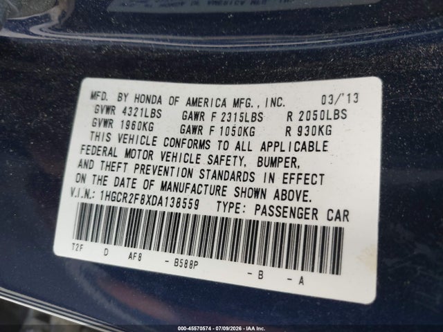 2013 Honda Accord Ex-l მანქანა იყიდება აუქციონზე, vin: 1HGCR2F8XDA138559, აუქციონის ნომერი: 45570574