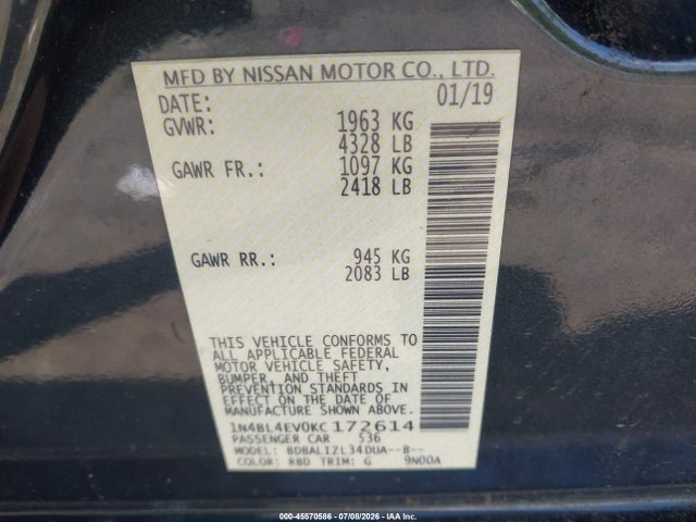 Продажа на аукционе авто 2019 Nissan Altima 2.5 Sl, vin: 1N4BL4EV0KC172614, номер лота: 45570586