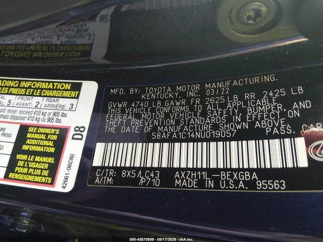 Продажа на аукционе авто 2022 Lexus Es 300h Ultra Luxury, vin: 58AFA1C14NU019057, номер лота: 45570599