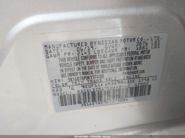 3N1AB7AP9KY374086 Nissan SENTRA SV