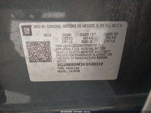 Продаж на аукціоні авто 2019 Chevrolet Cruze Lt, vin: 3G1BE6SM1KS538319, номер лоту: 45570636