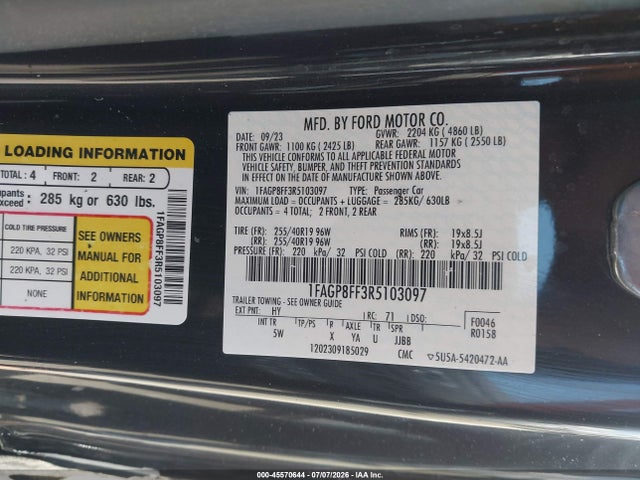Auction sale of the 2024 Ford Mustang Gt Premium, vin: 1FAGP8FF3R5103097, lot number: 45570644
