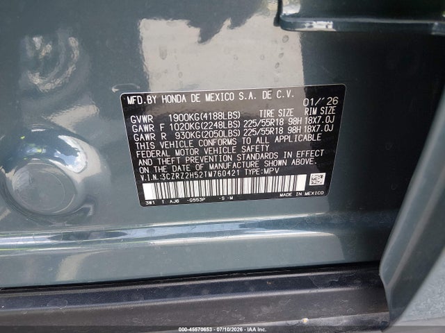 Aukcja sprzedaży 2026 Honda Hr-v Awd Sport, vin: 3CZRZ2H52TM760421, numer aukcji: 45570653