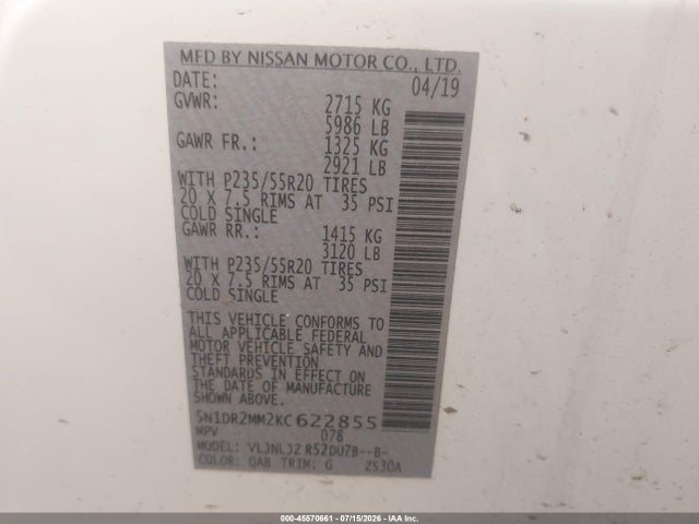 Nissan Pathfinder Platinum 2019 5N1DR2MM2KC622855 Image 9