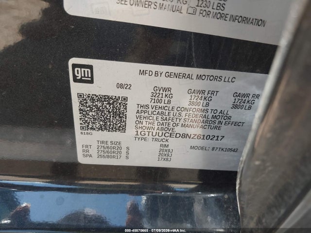 Aukcja sprzedaży 2022 Gmc Sierra 1500 4wd  Short Box Elevation, vin: 1GTUUCED8NZ610217, numer aukcji: 45570665