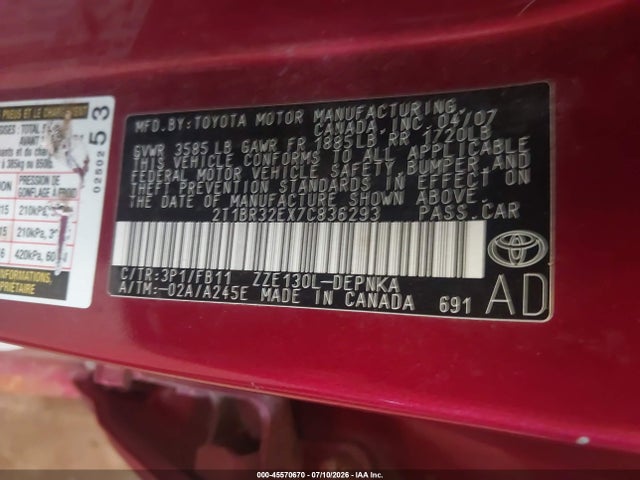 Auction sale of the 2007 Toyota Corolla Le, vin: 2T1BR32EX7C836293, lot number: 45570670