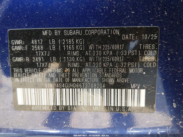 Aukcja sprzedaży 2026 Subaru Crosstrek Premium, vin: 4S4GUHD66T3708204, numer aukcji: 45570671
