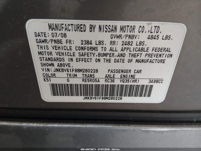 45570673 :رقم المزاد ، JNKBV61F98M280228 vin ، 2008 Infiniti G35x مزاد بيع