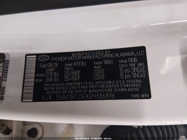 Aukcja sprzedaży 2024 Hyundai Tucson Sel, vin: 5NMJBCDEXRH386896, numer aukcji: 45570679