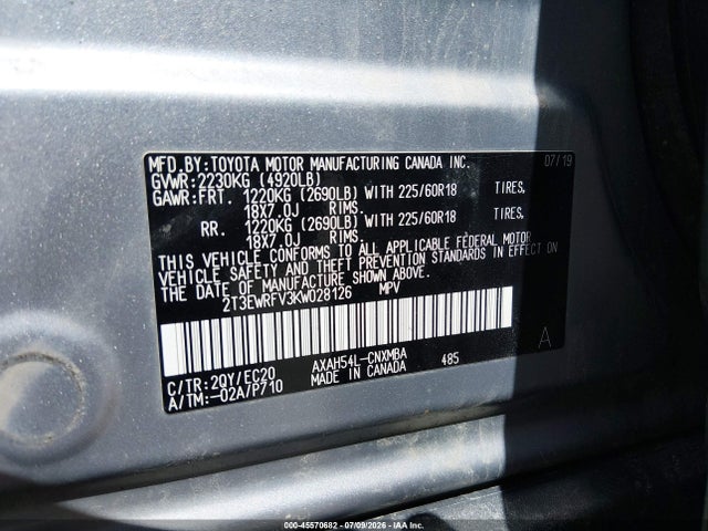 Продаж на аукціоні авто 2019 Toyota Rav4 Hybrid Xse, vin: 2T3EWRFV3KW028126, номер лоту: 45570682