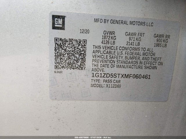 2021 Chevrolet Malibu Fwd Lt მანქანა იყიდება აუქციონზე, vin: 1G1ZD5STXMF060461, აუქციონის ნომერი: 45570690