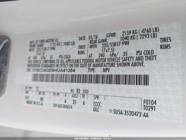 1FMCU9GD9HUA41354 Ford ESCAPE SE