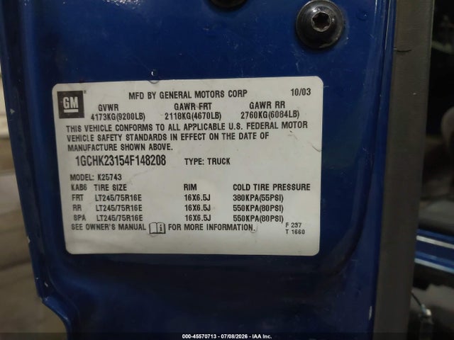 45570713 :رقم المزاد ، 1GCHK23154F148208 vin ، 2004 Chevrolet Silverado 2500hd Ls مزاد بيع