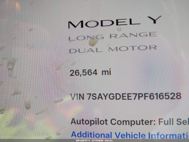 Aukcja sprzedaży 2023 Tesla Model Y, vin: 7SAYGDEE7PF616528, numer aukcji: 45570717