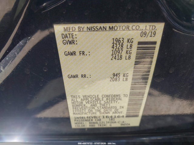 2020 Nissan Altima Sl Fwd მანქანა იყიდება აუქციონზე, vin: 1N4BL4EV8LC164164, აუქციონის ნომერი: 45570722