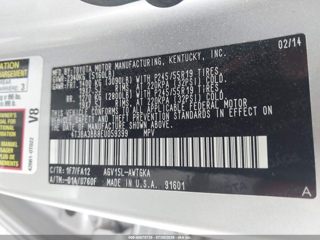 Продаж на аукціоні авто 2014 Toyota Venza Le, vin: 4T3BA3BB8EU059399, номер лоту: 45570735