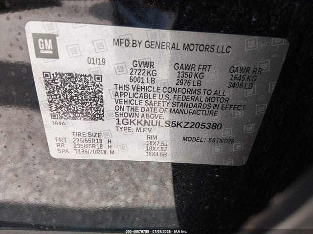 Aukcja sprzedaży 2019 Gmc Acadia Slt-1, vin: 1GKKNULS5KZ205380, numer aukcji: 45570759
