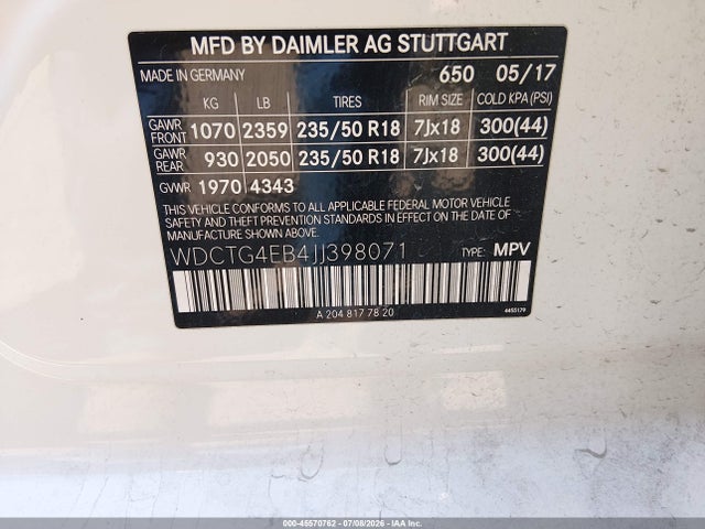 Aukcja sprzedaży 2018 Mercedes-benz Gla 250, vin: WDCTG4EB4JJ398071, numer aukcji: 45570762