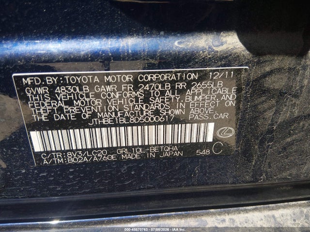 Aukcja sprzedaży 2013 Lexus Gs 350, vin: JTHBE1BL8D5000617, numer aukcji: 45570763