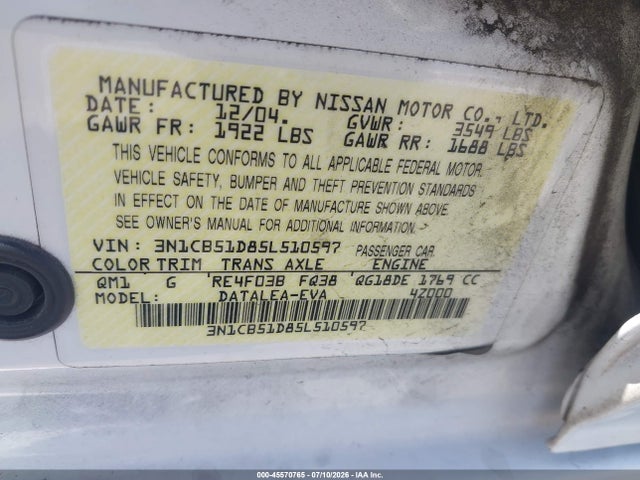 2005 Nissan Sentra 1.8s მანქანა იყიდება აუქციონზე, vin: 3N1CB51D85L510597, აუქციონის ნომერი: 45570765
