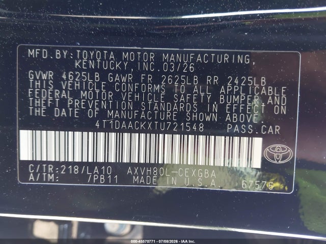 Aukcja sprzedaży 2026 Toyota Camry Xle, vin: 4T1DAACKXTU721548, numer aukcji: 45570771