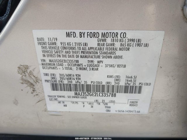 45570829 :رقم المزاد ، MAJ3S2GE2LC335788 vin ، 2020 Ford Ecosport Se مزاد بيع