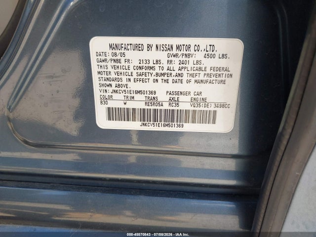 45570843 :رقم المزاد ، JNKCV51E16M501369 vin ، 2006 Infiniti G35 مزاد بيع