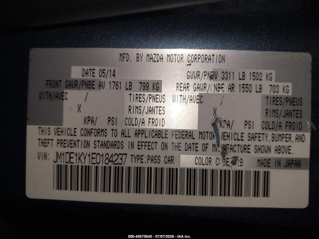 45570845 :رقم المزاد ، JM1DE1KY1E0184237 vin ، 2014 Mazda Mazda2 Sport مزاد بيع
