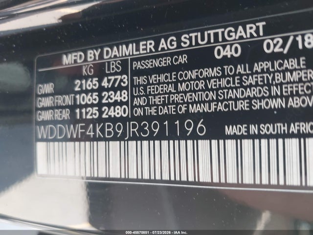 45570851 :رقم المزاد ، WDDWF4KB9JR391196 vin ، 2018 Mercedes-benz C 300 4matic مزاد بيع