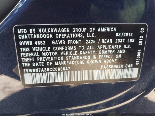 45570866 :رقم المزاد ، 1VWBN7A36CC063647 vin ، 2012 Volkswagen Passat 2.0l Tdi Se مزاد بيع