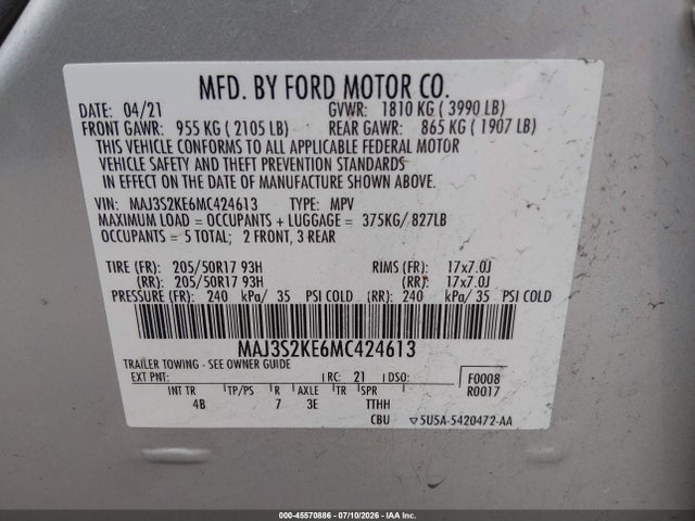 Продажа на аукционе авто 2021 Ford Ecosport Titanium, vin: MAJ3S2KE6MC424613, номер лота: 45570886