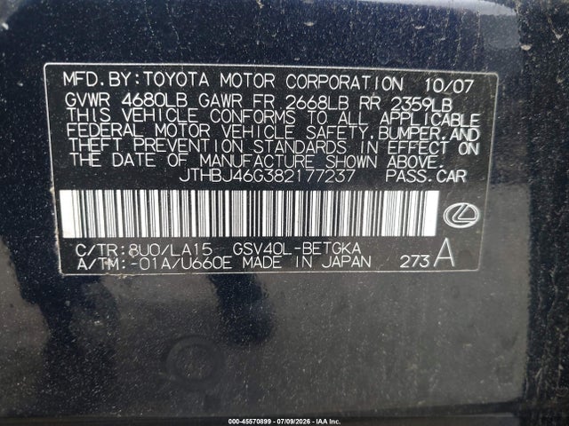 2008 Lexus Es 350 მანქანა იყიდება აუქციონზე, vin: JTHBJ46G382177237, აუქციონის ნომერი: 45570899