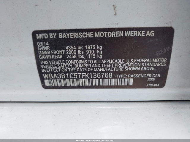Aukcja sprzedaży 2015 Bmw 320i, vin: WBA3B1C57FK136768, numer aukcji: 45570926