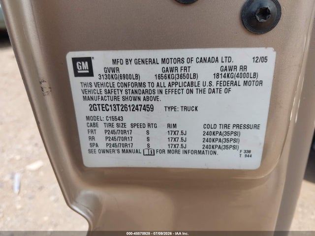 Aukcja sprzedaży 2006 Gmc Sierra 1500 Sle1, vin: 2GTEC13T261247459, numer aukcji: 45570928
