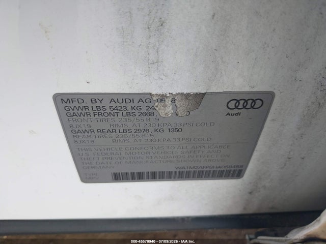 2017 Audi Q5 2.0t Premium მანქანა იყიდება აუქციონზე, vin: WA1M2AFP8HA058458, აუქციონის ნომერი: 45570940