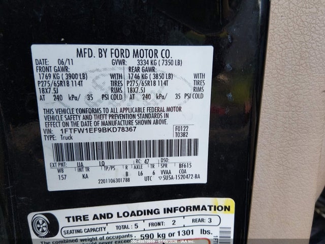 Aukcja sprzedaży 2011 Ford F-150 Fx4/king Ranch/lariat/platinum/xl/xlt, vin: 1FTFW1EF9BKD78367, numer aukcji: 45570959