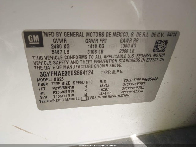 45570980 :رقم المزاد ، 3GYFNAE36ES664124 vin ، 2014 Cadillac Srx Standard مزاد بيع