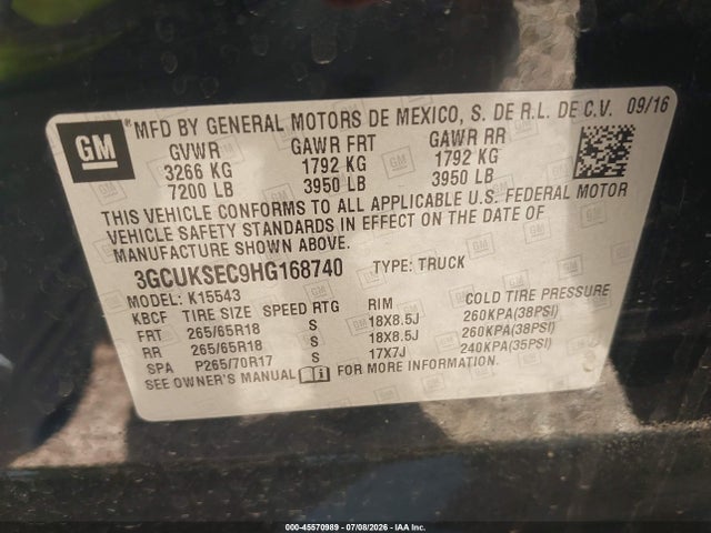 Продажа на аукционе авто 2017 Chevrolet Silverado 1500 2lz, vin: 3GCUKSEC9HG168740, номер лота: 45570989