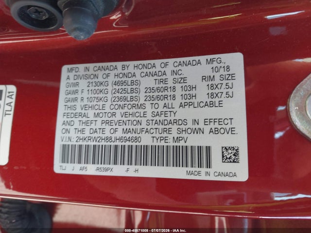 Aukcja sprzedaży 2018 Honda Cr-v Ex-l/ex-l Navi, vin: 2HKRW2H88JH694680, numer aukcji: 45571008
