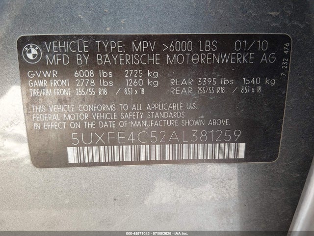 Aukcja sprzedaży 2010 Bmw X5 Xdrive30i, vin: 5UXFE4C52AL381259, numer aukcji: 45571043
