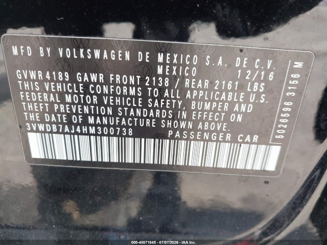Продажа на аукционе авто 2017 Volkswagen Jetta 1.4t Se, vin: 3VWDB7AJ4HM300738, номер лота: 45571045