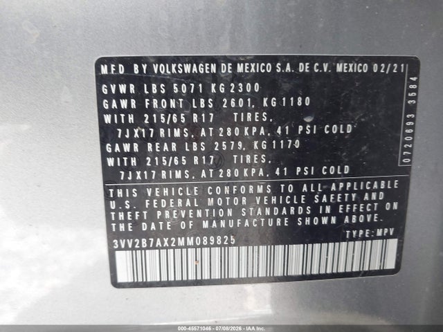 2021 Volkswagen Tiguan 2.0t Se/2.0t Se R-line Black/2.0t Sel მანქანა იყიდება აუქციონზე, vin: 3VV2B7AX2MM089825, აუქციონის ნომერი: 45571046