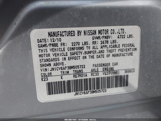 45571051 :رقم المزاد ، JN1CV6AP3BM505722 vin ، 2011 Infiniti G37 Journey مزاد بيع